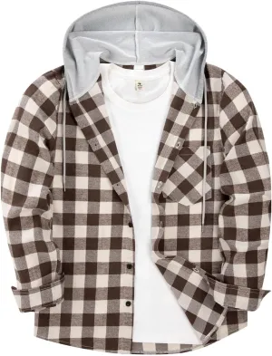 Flannel Hoodie for Mens Casual Long Sleeve Button Down Hooded Plaid Shirt Jacket Lightweight Fall Shacket Hoodies
