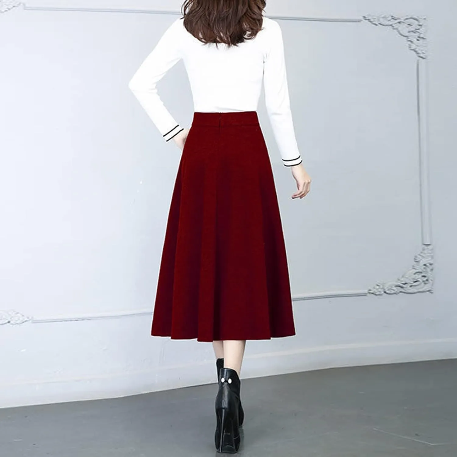 Flare Skirt Womens Winter Vintage High Elastic Waist A Line Pleated Wool Midi Skirt Lady Skirt Table Skirts