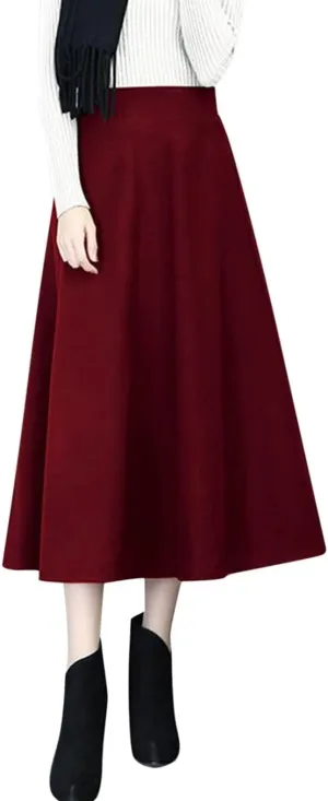 Flare Skirt Womens Winter Vintage High Elastic Waist A Line Pleated Wool Midi Skirt Lady Skirt Table Skirts