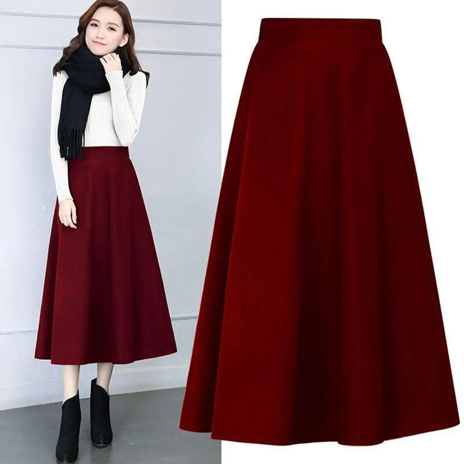 Flare Skirt Womens Winter Vintage High Elastic Waist A Line Pleated Wool Midi Skirt Lady Skirt Table Skirts