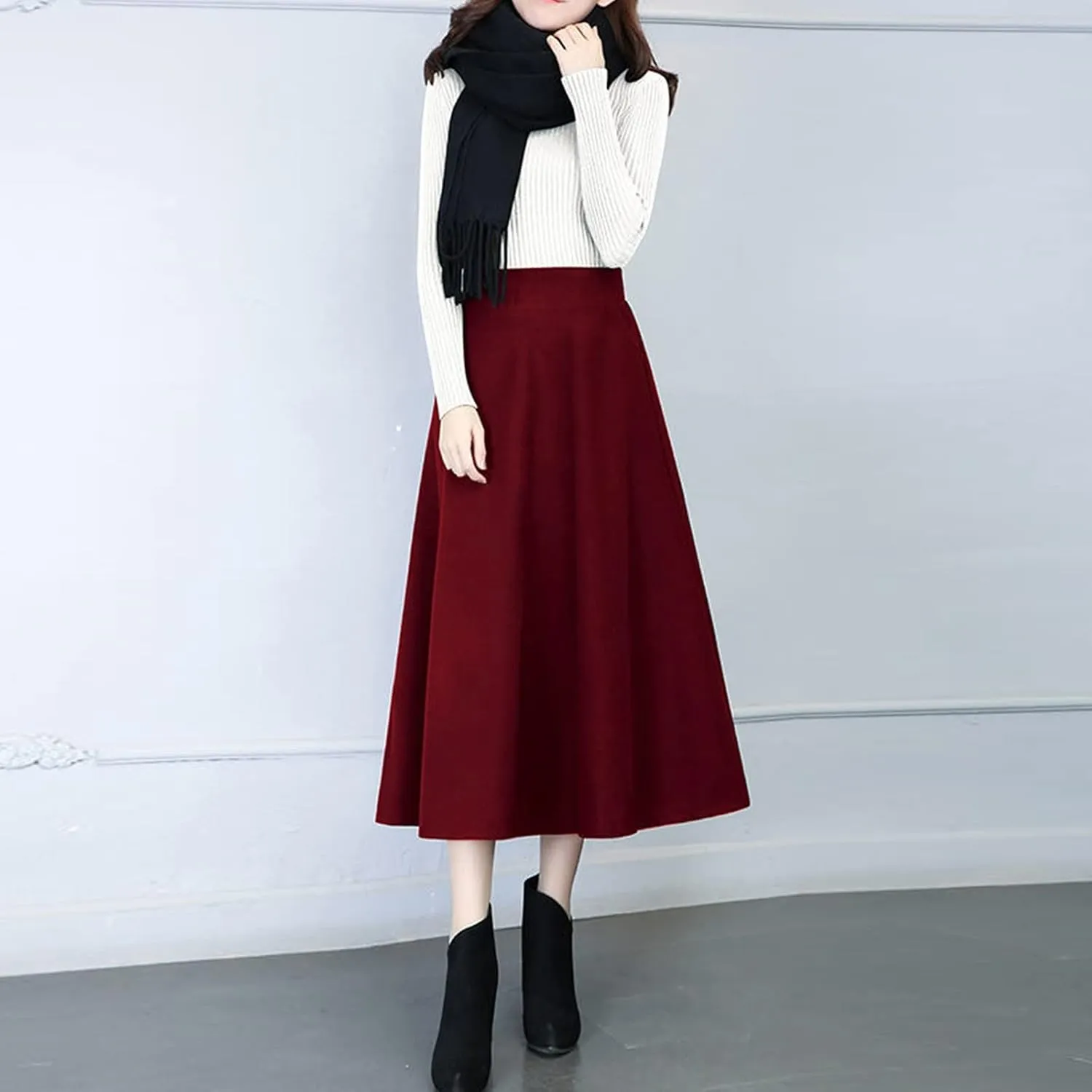 Flare Skirt Womens Winter Vintage High Elastic Waist A Line Pleated Wool Midi Skirt Lady Skirt Table Skirts