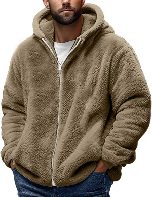 Fleece Jacket Men Fuzzy Zip up Hoodie Open Front Hooded Cardigan Faux Fur Coat Warm Fall Winter Jackets Thermal Outwear