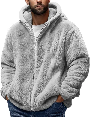 Fleece Jacket Men Fuzzy Zip up Hoodie Open Front Hooded Cardigan Faux Fur Coat Warm Fall Winter Jackets Thermal Outwear