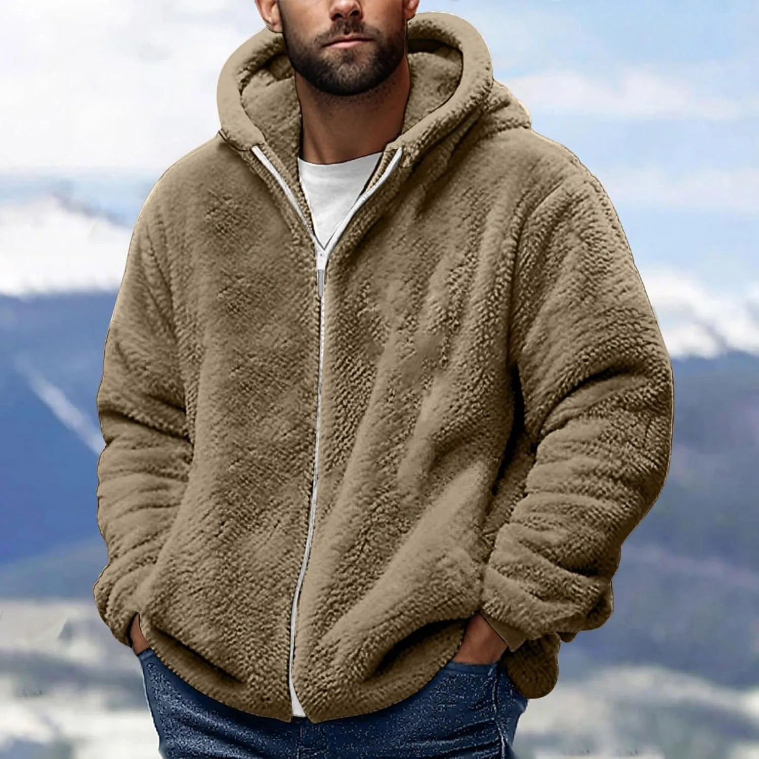 Fleece Jacket Men Fuzzy Zip up Hoodie Open Front Hooded Cardigan Faux Fur Coat Warm Fall Winter Jackets Thermal Outwear