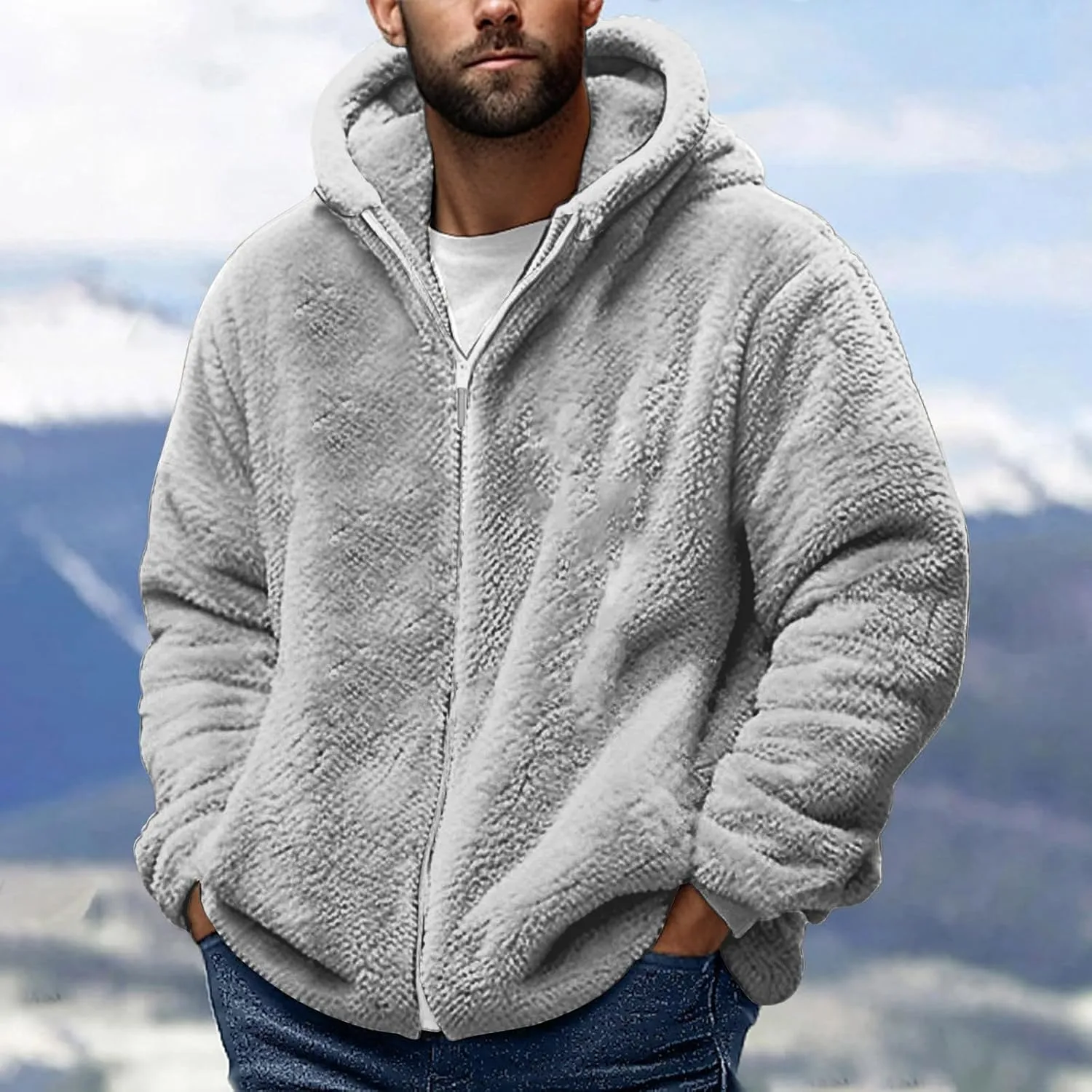 Fleece Jacket Men Fuzzy Zip up Hoodie Open Front Hooded Cardigan Faux Fur Coat Warm Fall Winter Jackets Thermal Outwear