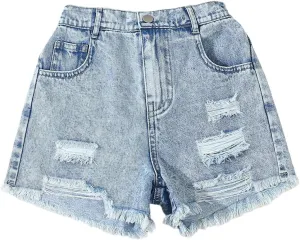 Floerns Girl's Ripped Raw Hem Elastic Waist Straight Leg Denim Shorts with Pockets