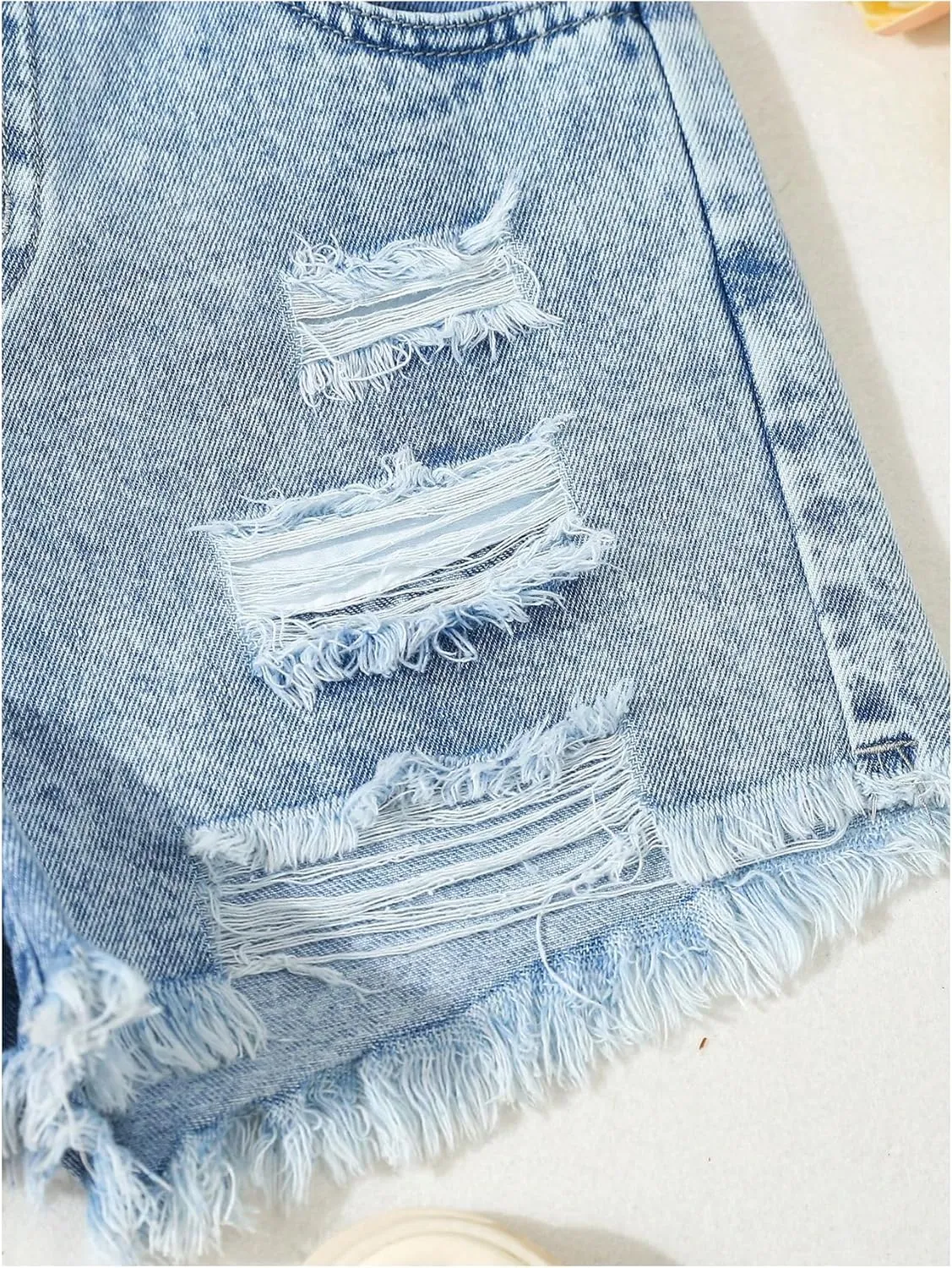 Floerns Girl's Ripped Raw Hem Elastic Waist Straight Leg Denim Shorts with Pockets
