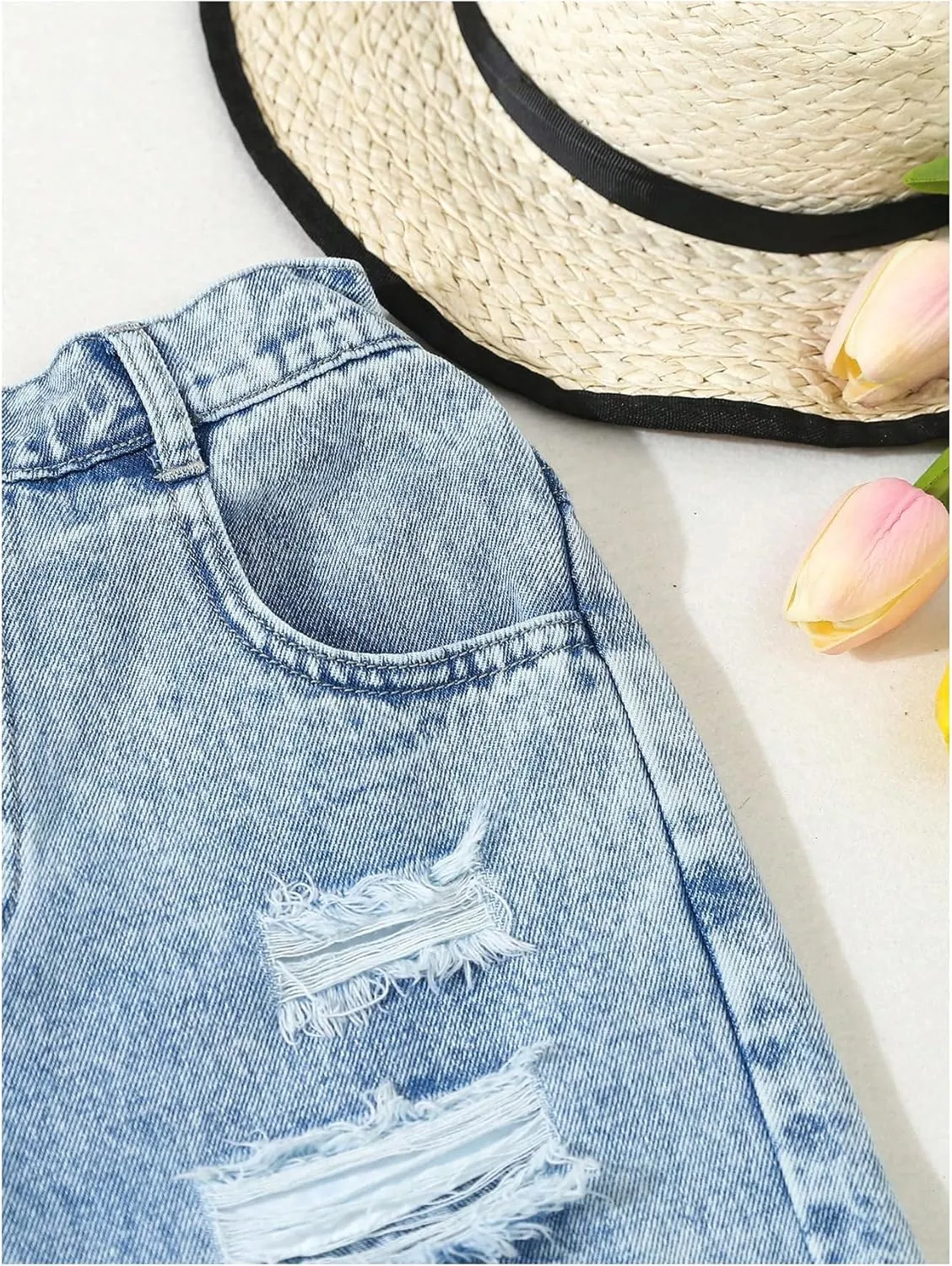 Floerns Girl's Ripped Raw Hem Elastic Waist Straight Leg Denim Shorts with Pockets