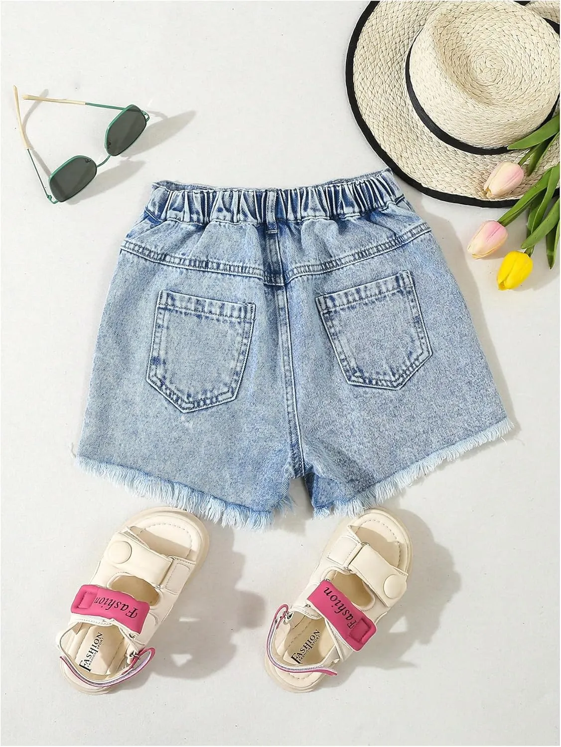 Floerns Girl's Ripped Raw Hem Elastic Waist Straight Leg Denim Shorts with Pockets