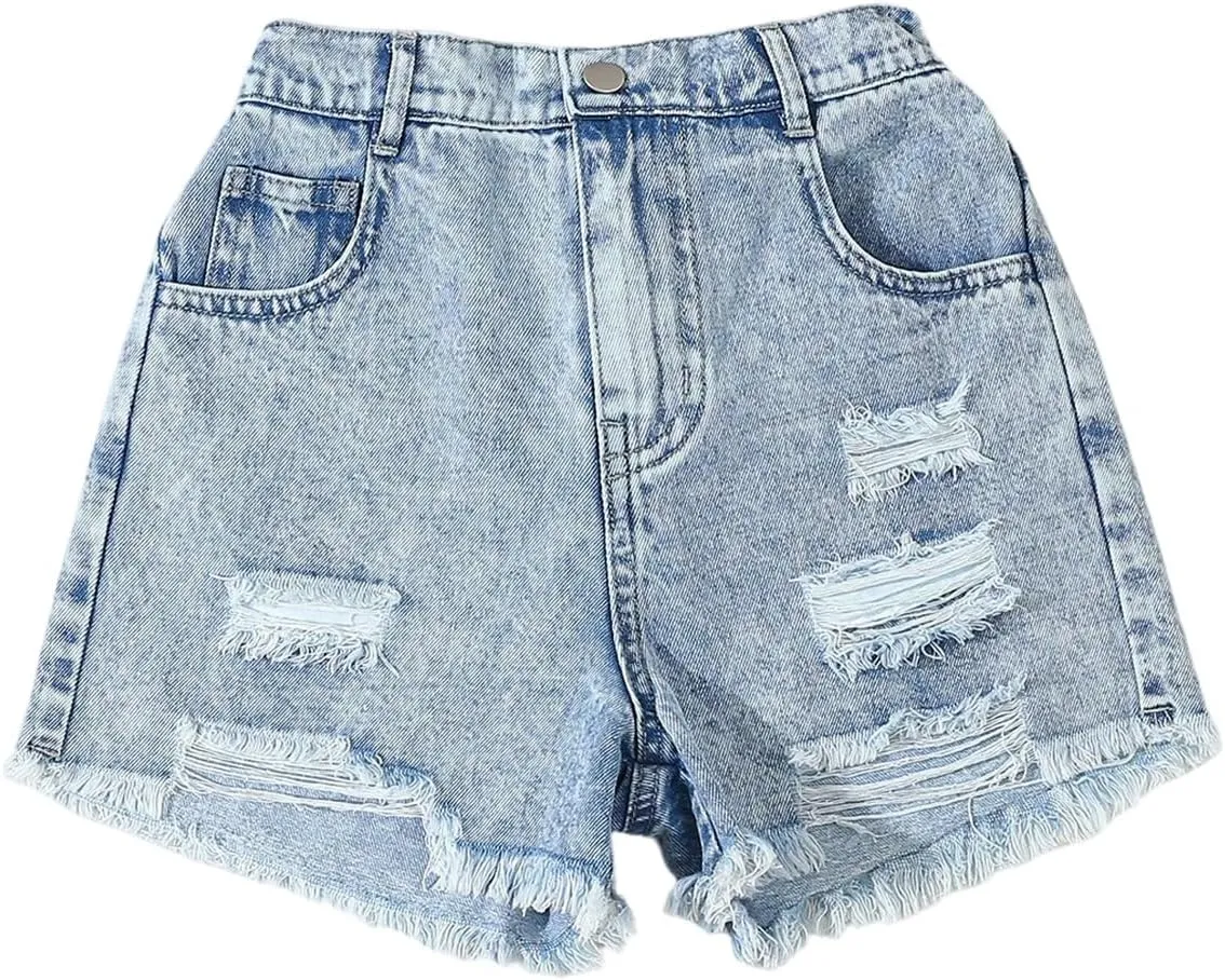 Floerns Girl's Ripped Raw Hem Elastic Waist Straight Leg Denim Shorts with Pockets