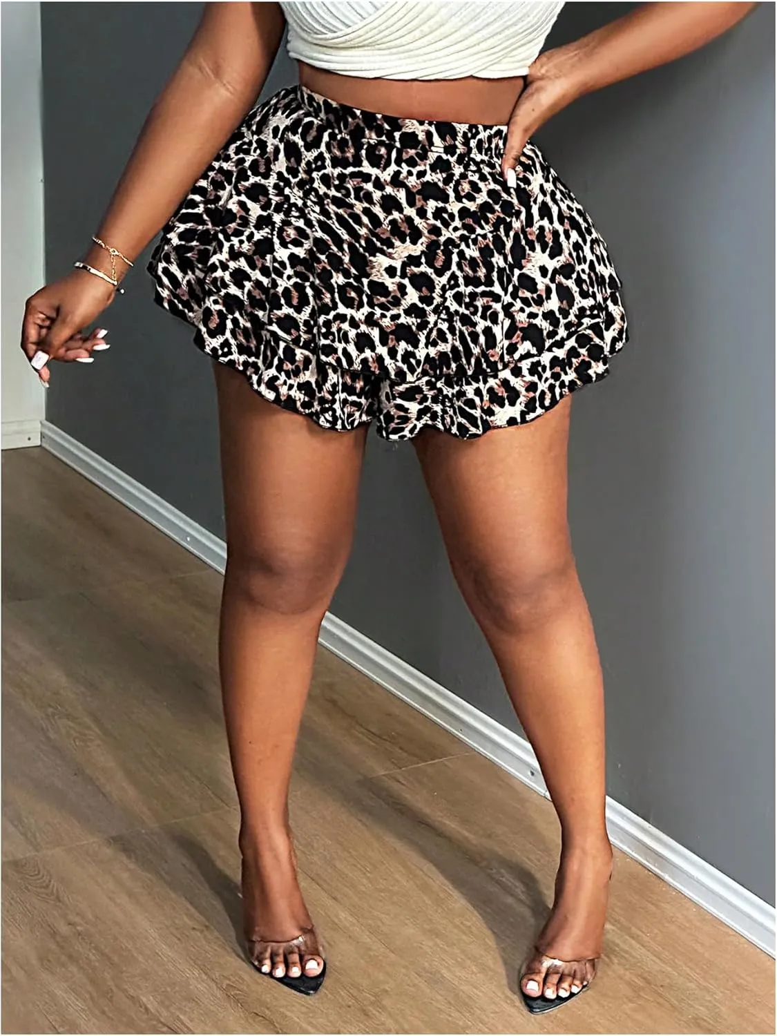 Floerns Women's Plus Size Cheetah Print Mini Shorts High Waisted Bubble Hem Skorts