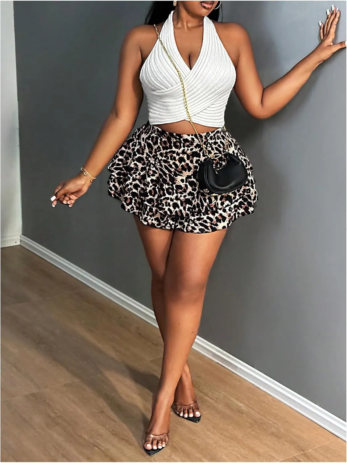 Floerns Women's Plus Size Cheetah Print Mini Shorts High Waisted Bubble Hem Skorts