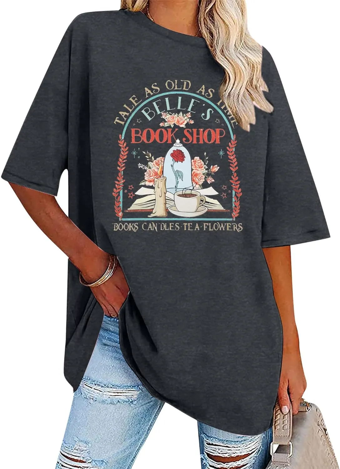 FLOYU Women Belle's Book Shop Shirt Princess Belle T-Shirt Book Lover Tops Casual Magic Kingdom Short Sleeve Shirt