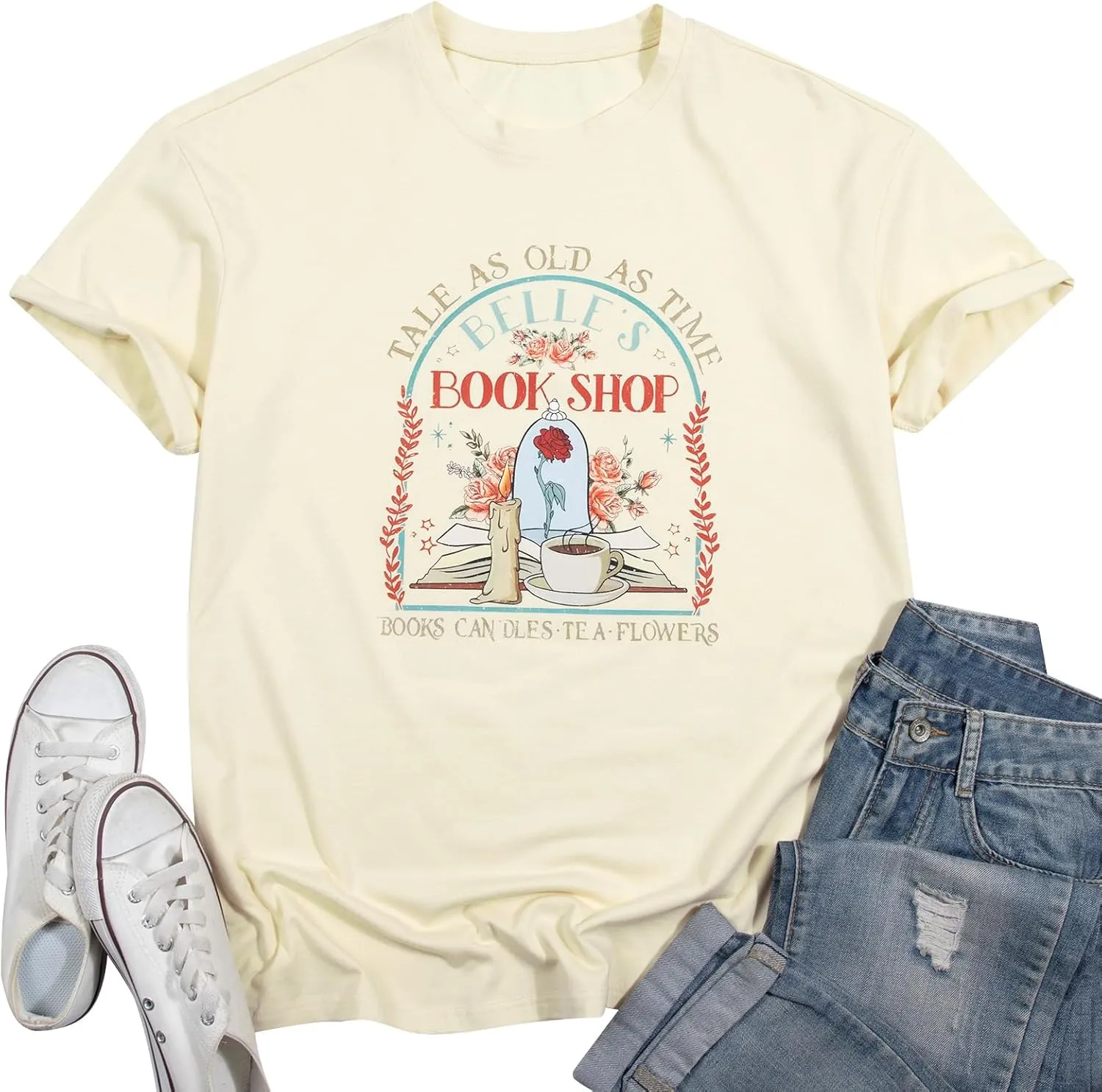 FLOYU Women Belle's Book Shop Shirt Princess Belle T-Shirt Book Lover Tops Casual Magic Kingdom Short Sleeve Shirt