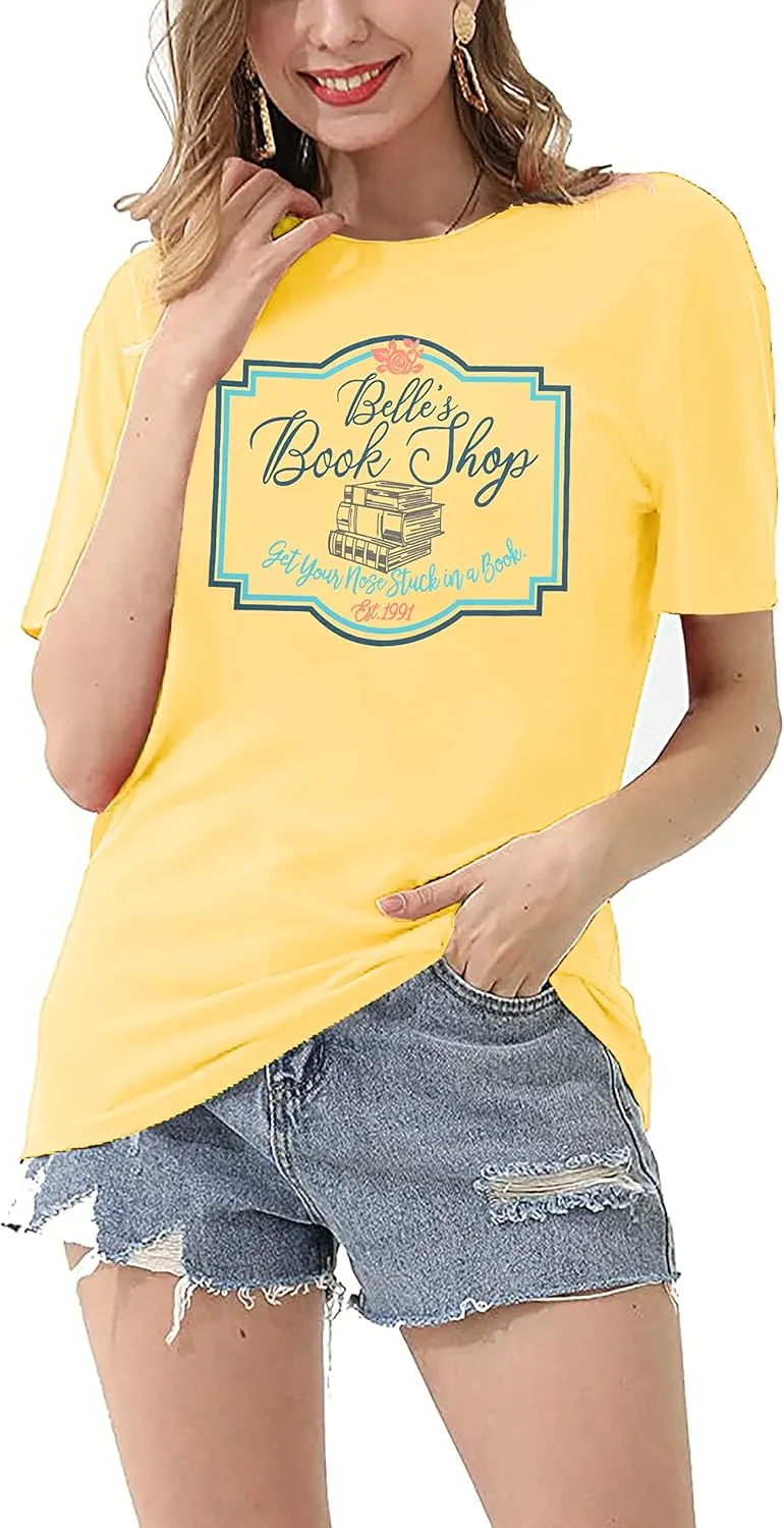 FLOYU Women Belle's Book Shop Shirt Princess Belle T-Shirt Book Lover Tops Casual Magic Kingdom Short Sleeve Shirt