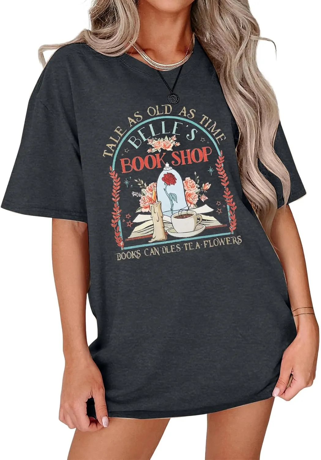 FLOYU Women Belle's Book Shop Shirt Princess Belle T-Shirt Book Lover Tops Casual Magic Kingdom Short Sleeve Shirt