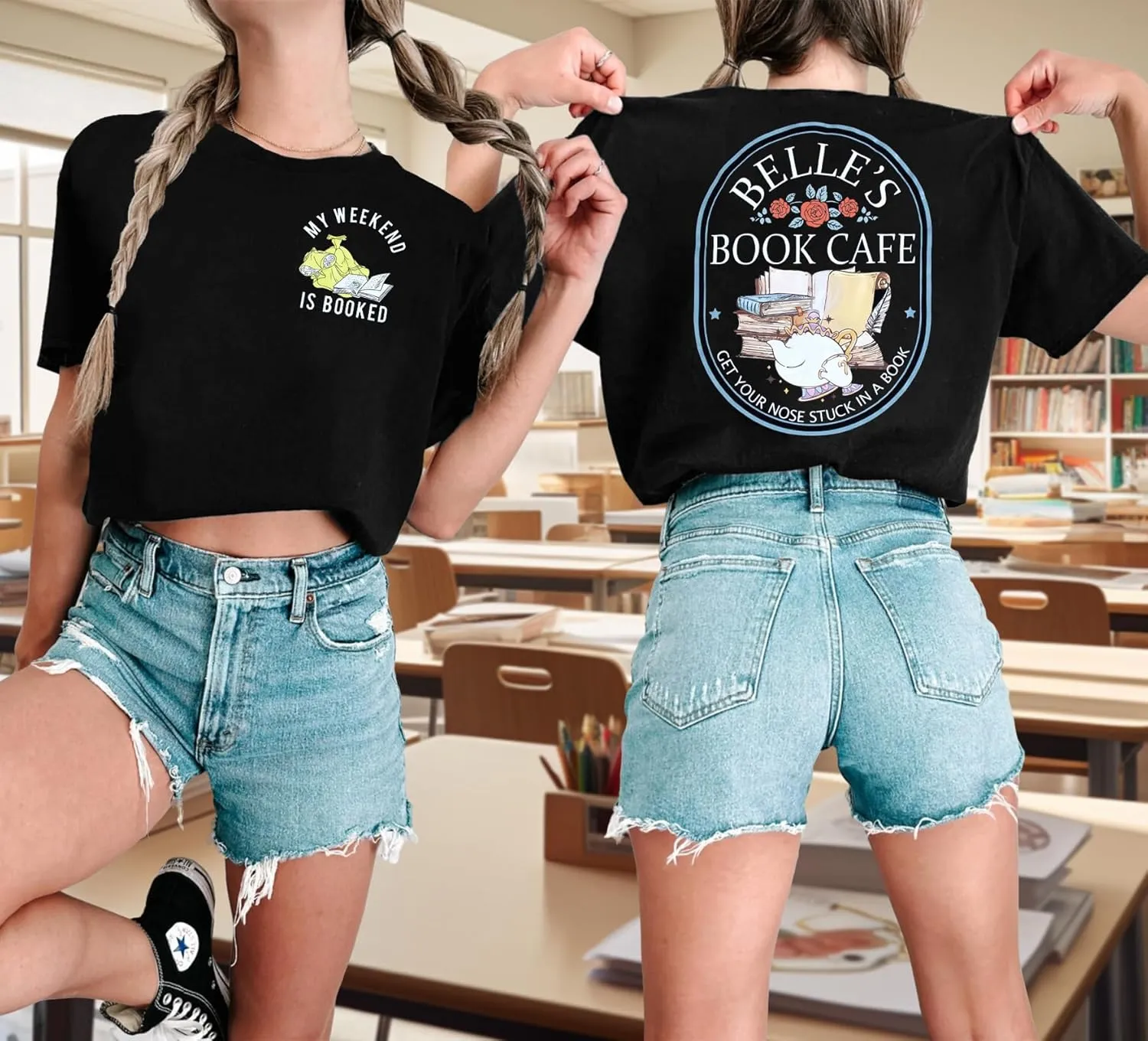 FLOYU Women Belle's Book Shop Shirt Princess Belle T-Shirt Book Lover Tops Casual Magic Kingdom Short Sleeve Shirt