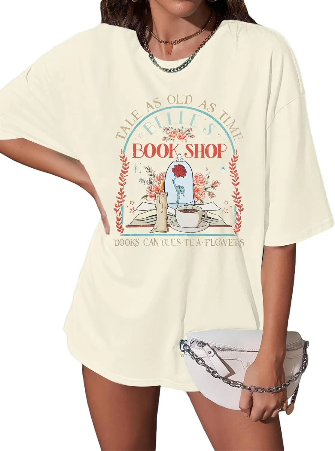 FLOYU Women Belle's Book Shop Shirt Princess Belle T-Shirt Book Lover Tops Casual Magic Kingdom Short Sleeve Shirt