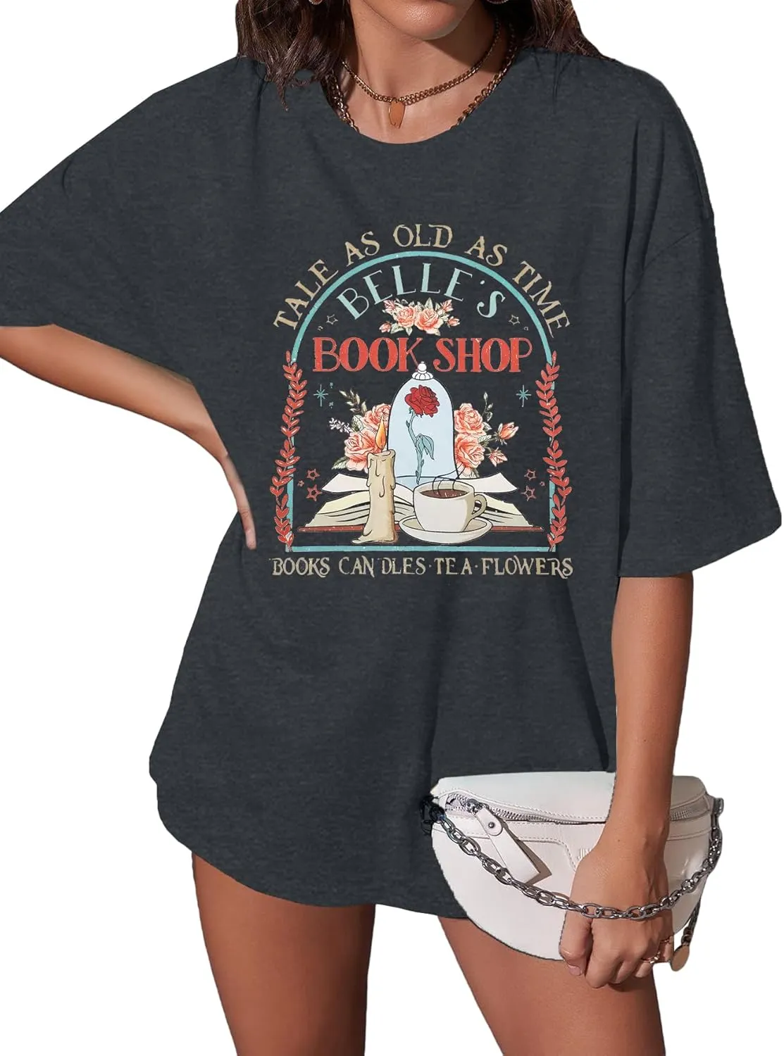 FLOYU Women Belle's Book Shop Shirt Princess Belle T-Shirt Book Lover Tops Casual Magic Kingdom Short Sleeve Shirt
