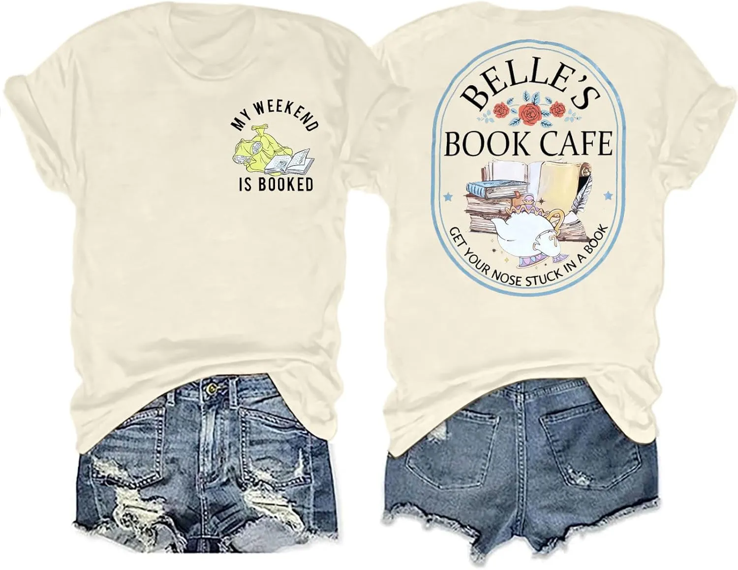 FLOYU Women Belle's Book Shop Shirt Princess Belle T-Shirt Book Lover Tops Casual Magic Kingdom Short Sleeve Shirt