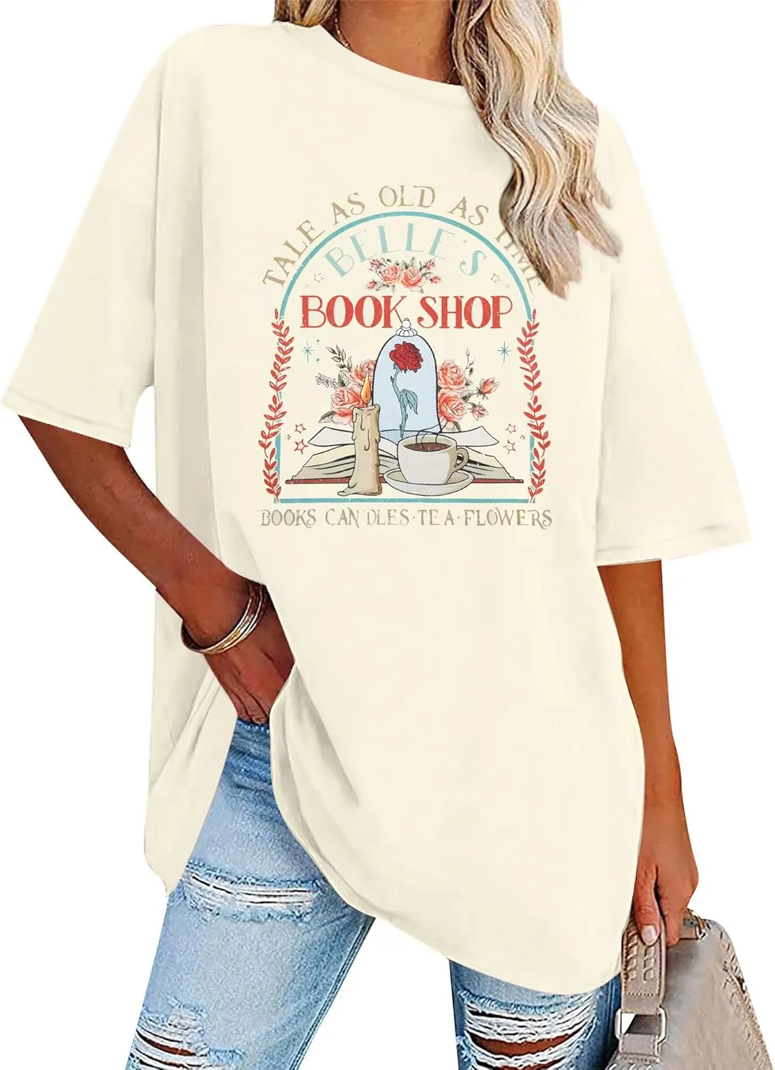 FLOYU Women Belle's Book Shop Shirt Princess Belle T-Shirt Book Lover Tops Casual Magic Kingdom Short Sleeve Shirt