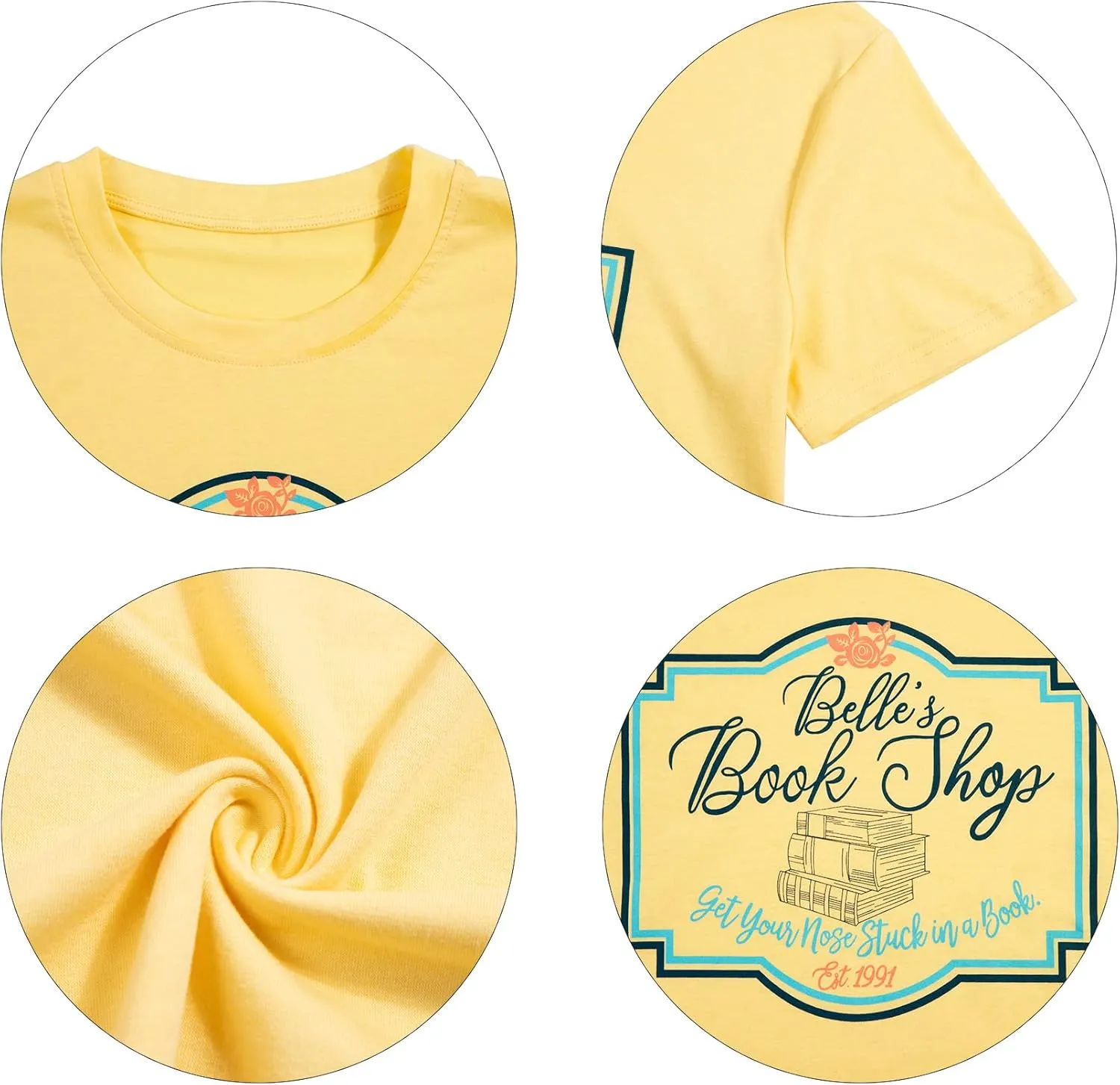 FLOYU Women Belle's Book Shop Shirt Princess Belle T-Shirt Book Lover Tops Casual Magic Kingdom Short Sleeve Shirt