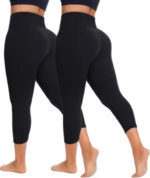 FULLSOFT 2 Pack Capri Leggings for Women-High Waist Tummy Control Non See Through Leggings Workout Pants