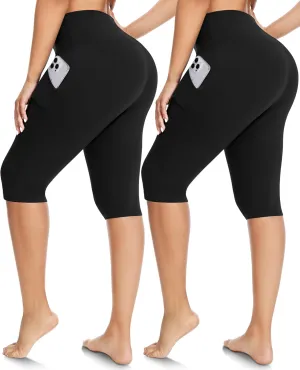 FULLSOFT 2 Pack Women's Knee-Length Leggings -High Waist Capri Biker Shorts -Workout Casual Summer Yoga Leggings