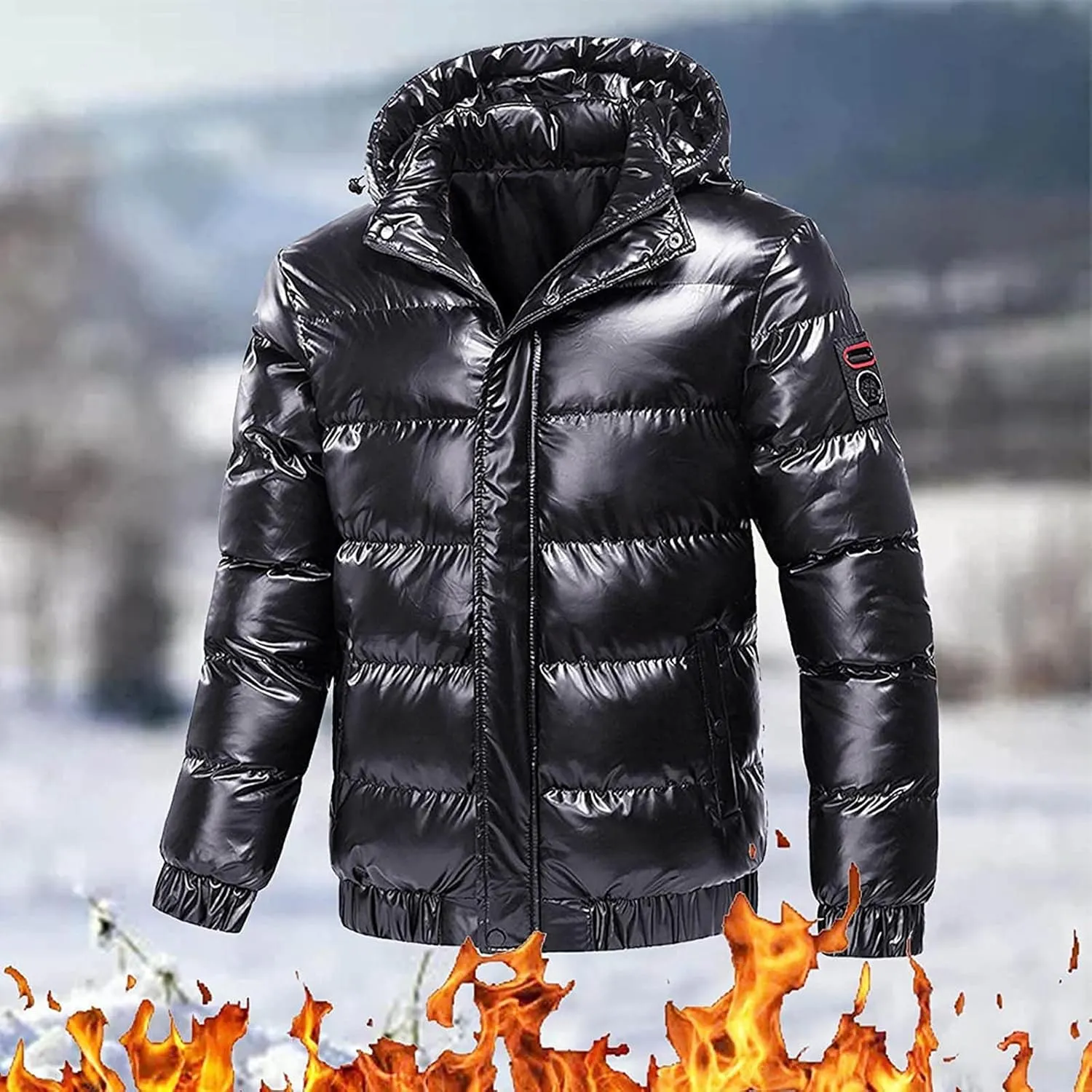 Glossy Puffer Jacket Men Quilted Insulated Jacket Zip up Padded Coat Warm Down Jacket Casual Winter Jacket Outwear