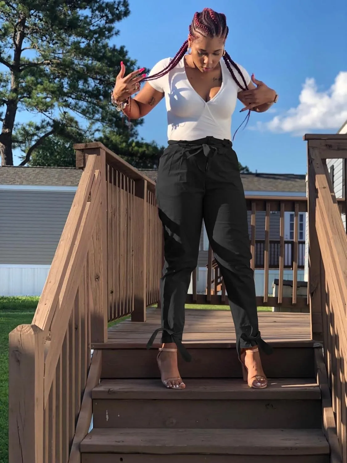 GOBLES Women Solid Casual Work Trousers High Waist Ruffle Bow Tie Pants