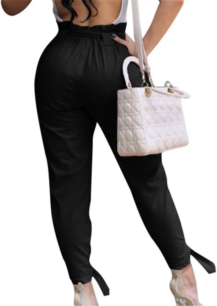 GOBLES Women Solid Casual Work Trousers High Waist Ruffle Bow Tie Pants