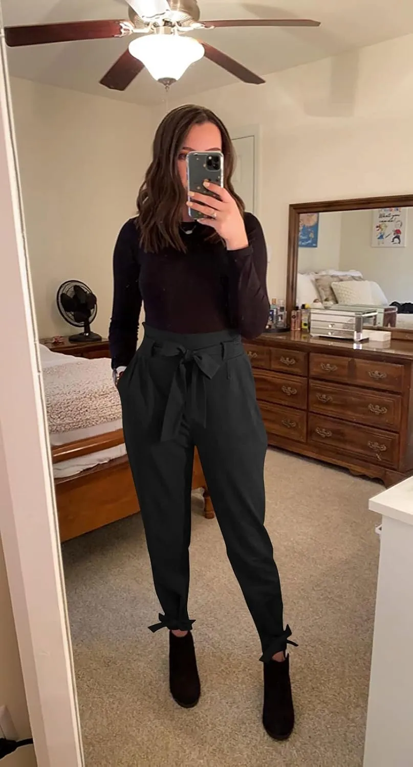 GOBLES Women Solid Casual Work Trousers High Waist Ruffle Bow Tie Pants