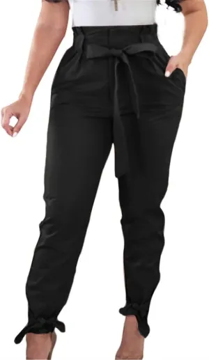 GOBLES Women Solid Casual Work Trousers High Waist Ruffle Bow Tie Pants