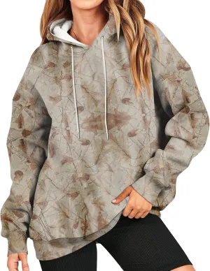 GOFULY Camo Hoodie Womens Fall Oversized Sweatshirt Maple Leaf Print Drawstring Trendy Camo Shirt Clothes With Pockets