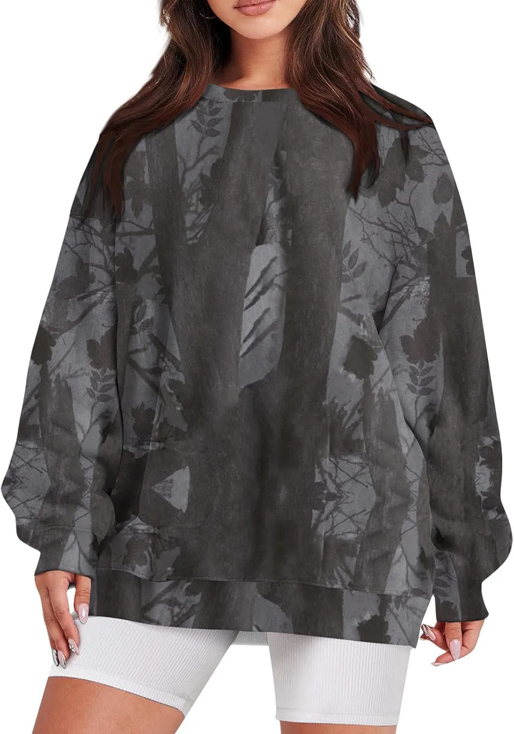 GOFULY Camo Sweatshirt For Women Crewneck Fall Oversized Y2k Camo Shirt Pullover Long Sleeve Maple Leaf Print Travel Clothes