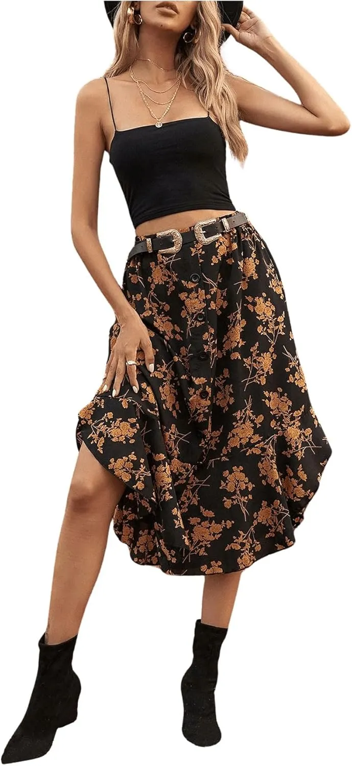 GORGLITTER Women's Floral Print Midi Skirt Button Front High Waist Ruffle Hem Flowy Skirts