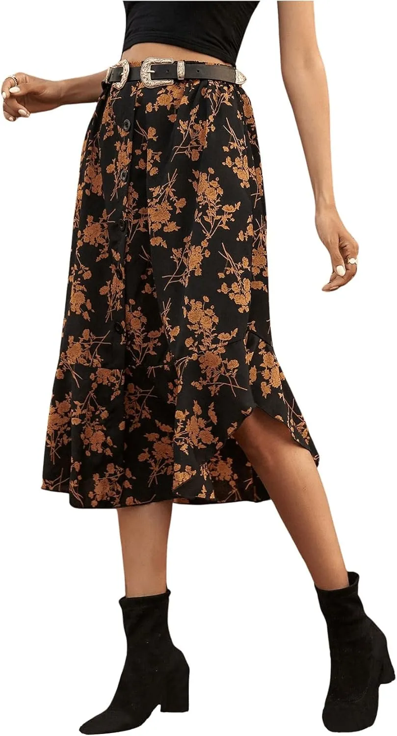 GORGLITTER Women's Floral Print Midi Skirt Button Front High Waist Ruffle Hem Flowy Skirts