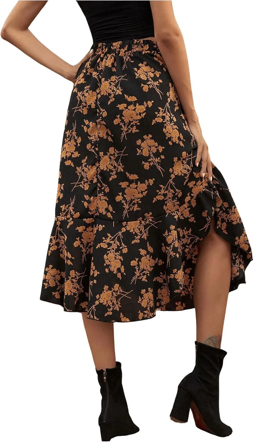 GORGLITTER Women's Floral Print Midi Skirt Button Front High Waist Ruffle Hem Flowy Skirts