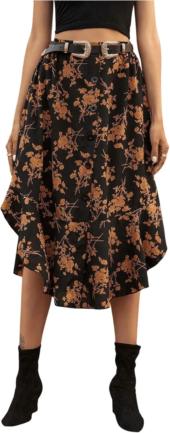 GORGLITTER Women's Floral Print Midi Skirt Button Front High Waist Ruffle Hem Flowy Skirts