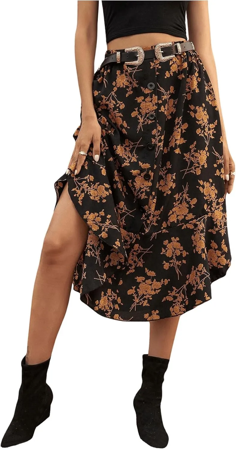 GORGLITTER Women's Floral Print Midi Skirt Button Front High Waist Ruffle Hem Flowy Skirts