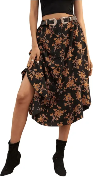 GORGLITTER Women's Floral Print Midi Skirt Button Front High Waist Ruffle Hem Flowy Skirts
