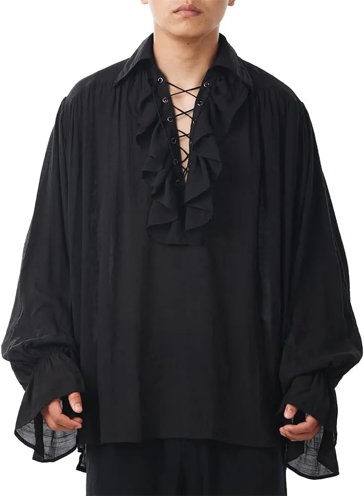 GRACEART Men Pirate Shirt Women Vampire Renaissance Shirts Victorian Ruffled Medieval Costume Cotton Linen Shirt