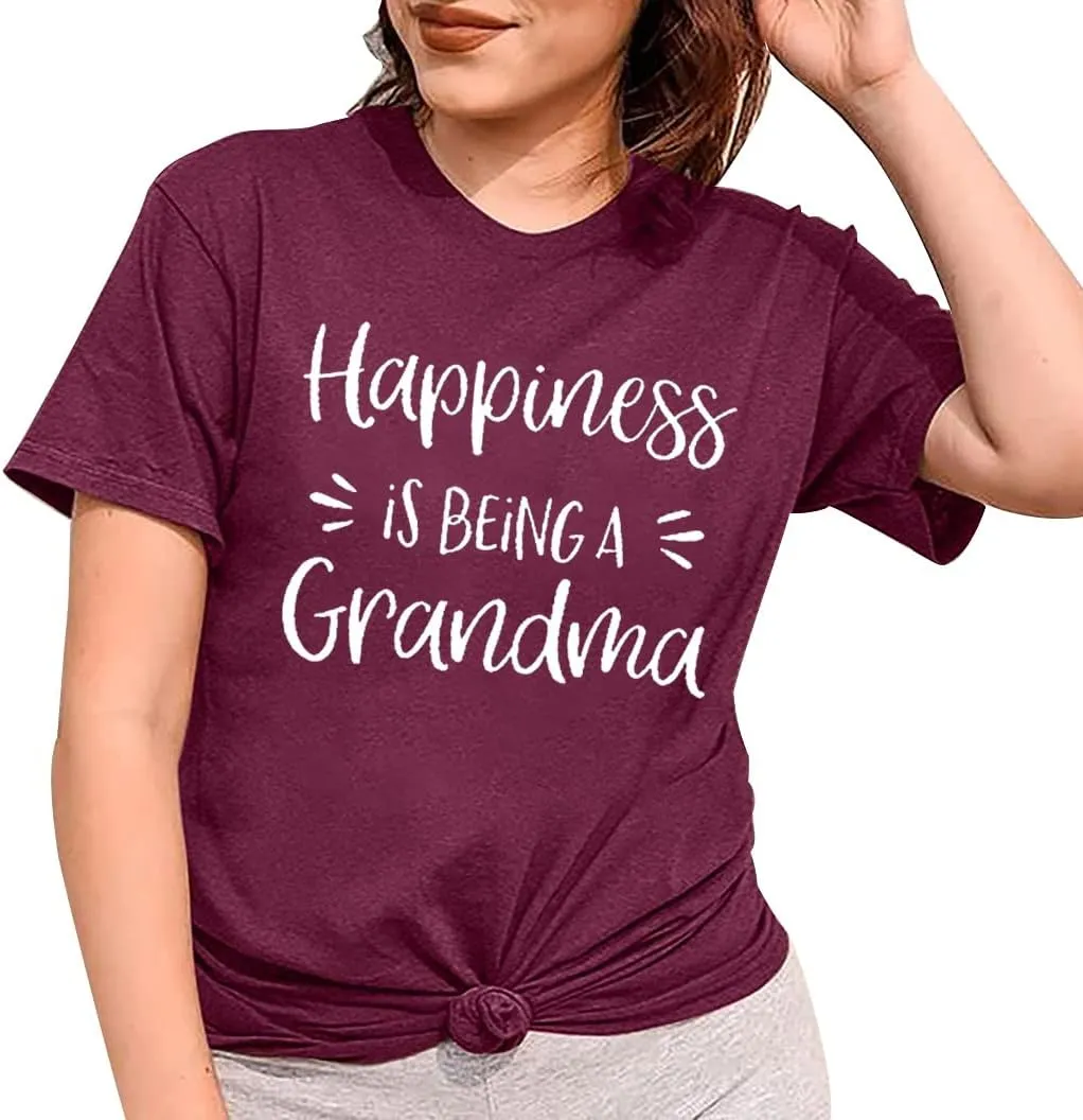 Grandma Shirts for Women Happiness is Being a Grandma Letter Printed Tshirt Grandmother Casual Short Sleeve Tee Tops