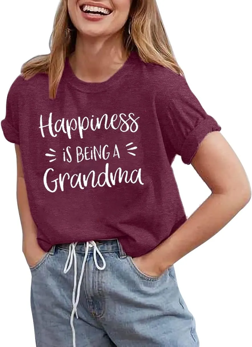 Grandma Shirts for Women Happiness is Being a Grandma Letter Printed Tshirt Grandmother Casual Short Sleeve Tee Tops