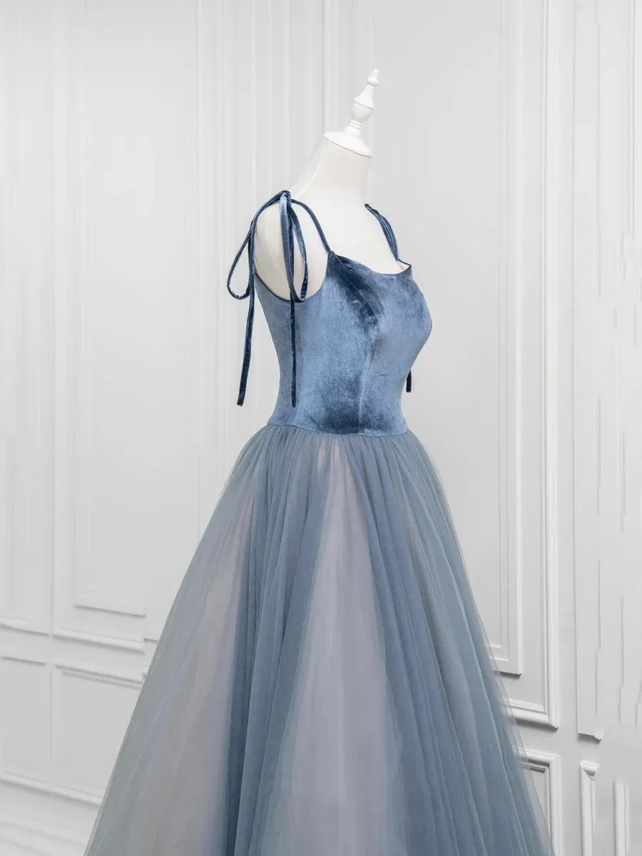 Gray Blue A-Line Velvet Tulle Long Prom Dress Evening Party Dress MD7197