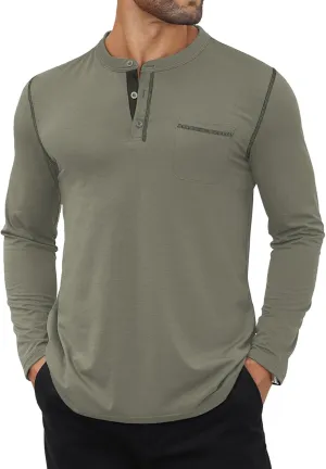 Hardaddy Color Contrast Henley Shirt Long Sleeve Button T-Shirt Henley Tshirt for Men Basic Pullover Shirt with Pocket