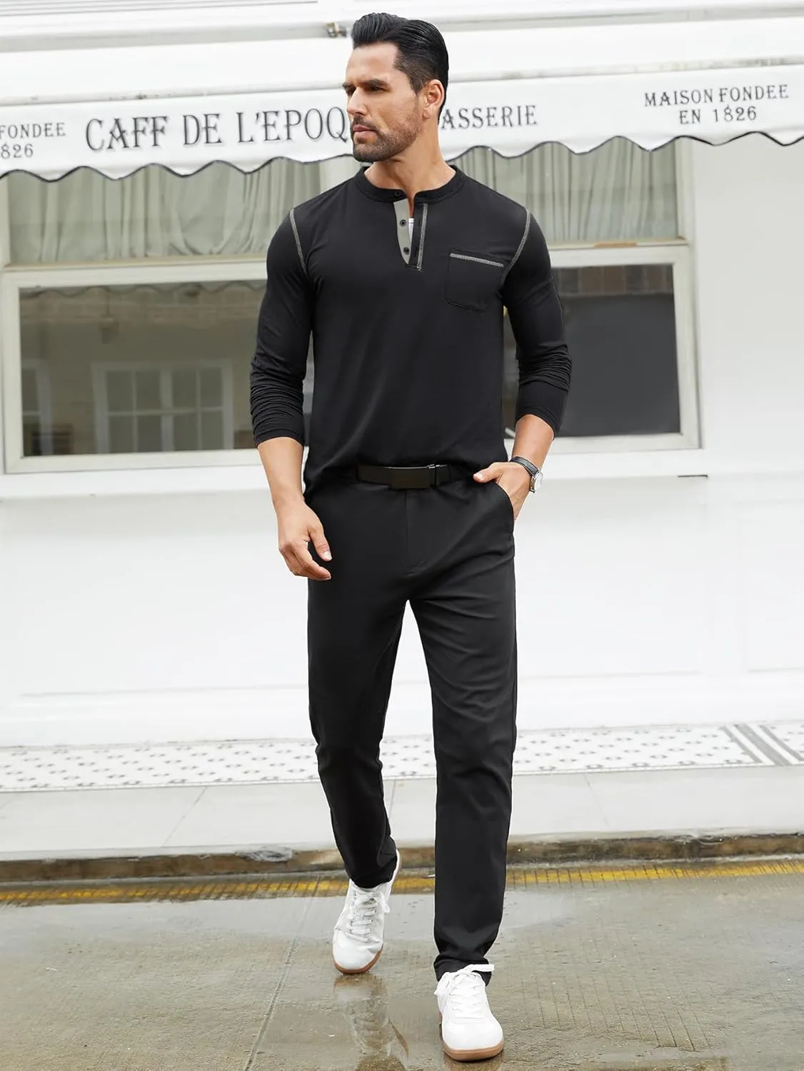 Hardaddy Color Contrast Henley Shirt Long Sleeve Button T-Shirt Henley Tshirt for Men Basic Pullover Shirt with Pocket
