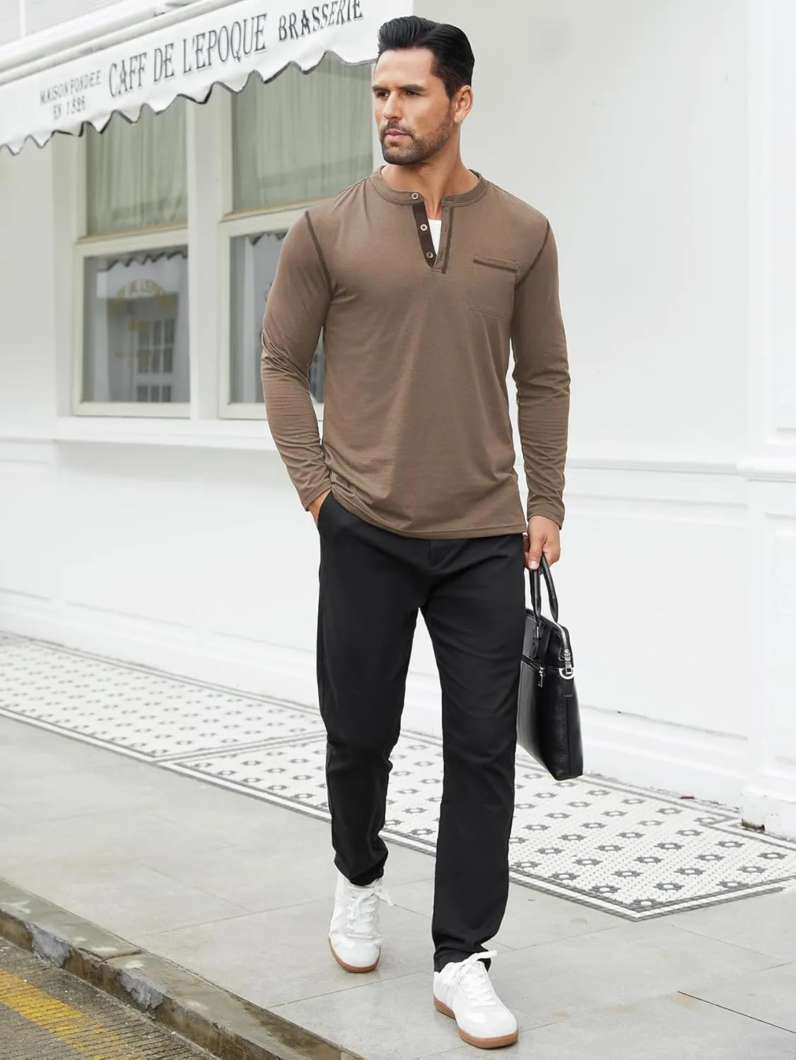 Hardaddy Color Contrast Henley Shirt Long Sleeve Button T-Shirt Henley Tshirt for Men Basic Pullover Shirt with Pocket