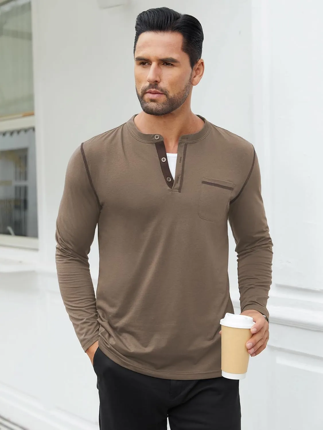 Hardaddy Color Contrast Henley Shirt Long Sleeve Button T-Shirt Henley Tshirt for Men Basic Pullover Shirt with Pocket