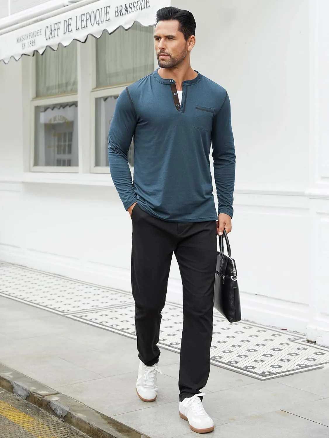 Hardaddy Color Contrast Henley Shirt Long Sleeve Button T-Shirt Henley Tshirt for Men Basic Pullover Shirt with Pocket